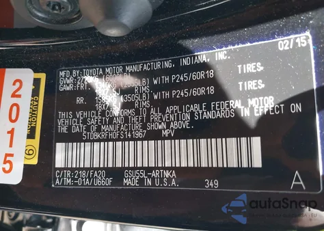 2015 Toyota Highlander Le Plus V6 from USA, damaged, VIN 5TDBKRFH0FS141967